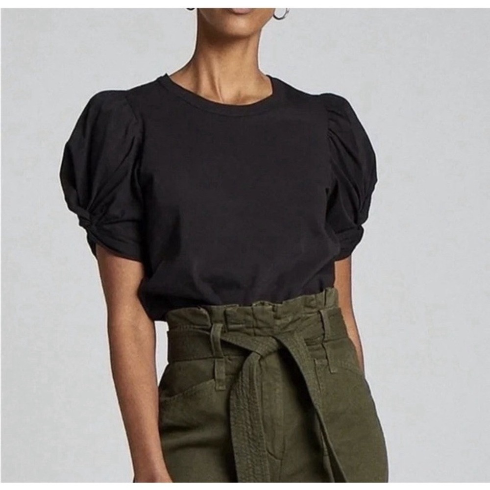 A.L.C Kati Black Cotton Puff Sleeve Tee Sz S Ruched Crewneck Designer Top